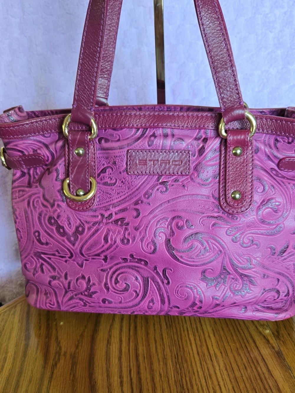 Etro Milano Rare Magenta Paisley Embossed Leather Shoulder Bag